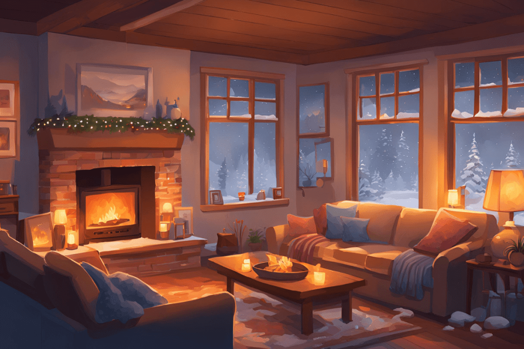 Cozy room with a fireplace while it's snowing outside